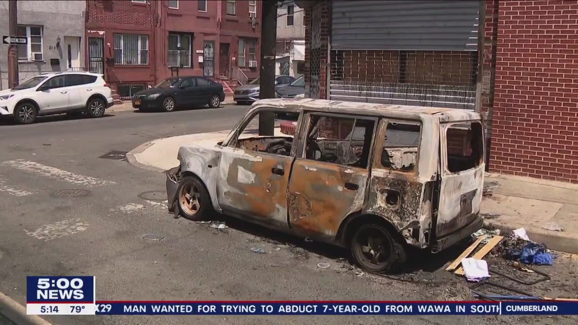 Charred remains of abandoned car left on Philadelphia street